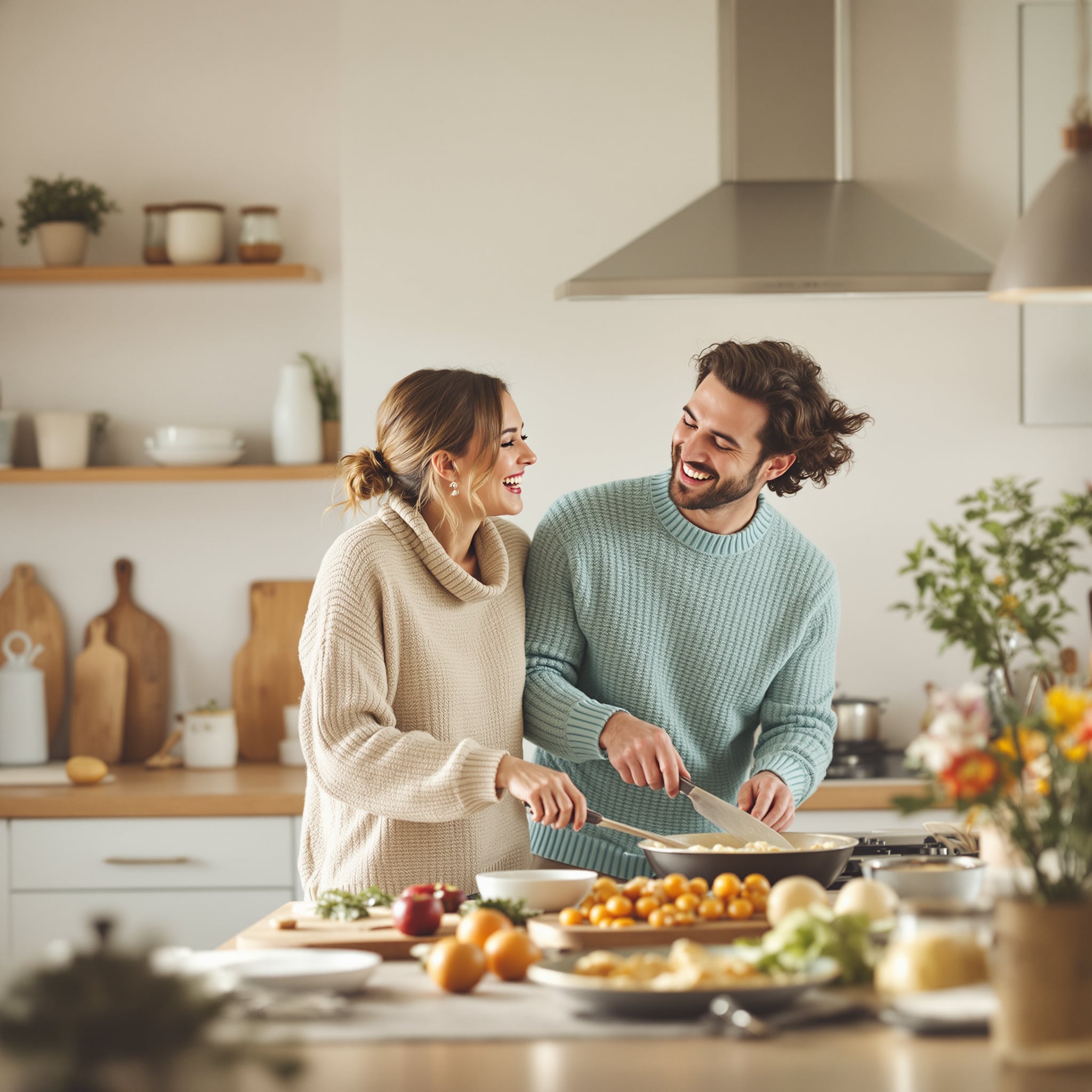 Couple laughing together in the kitchen
